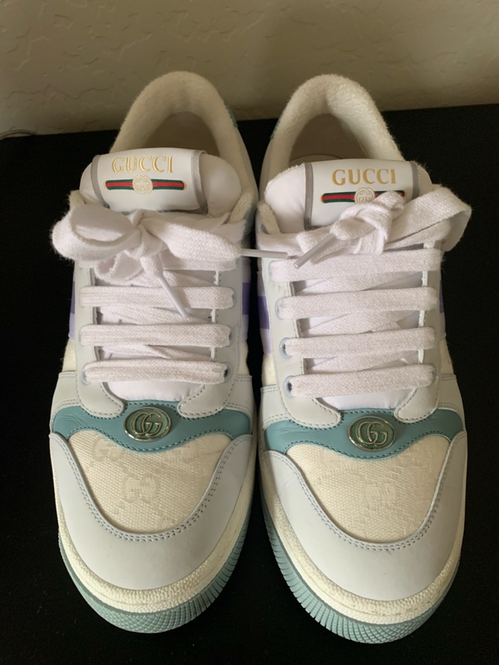 Gucci White and Light Blue Leather & Canvas Sneakers